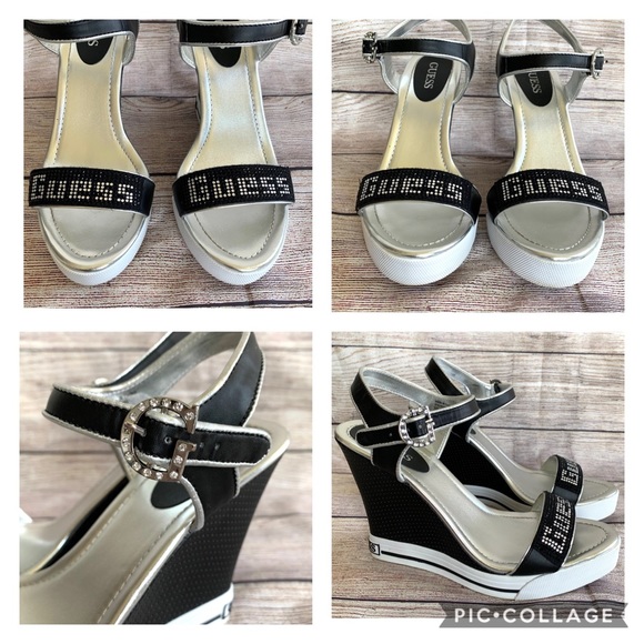 👠Guess Wedge 4.5” Heel - Black & white rhinestone - Picture 1 of 8